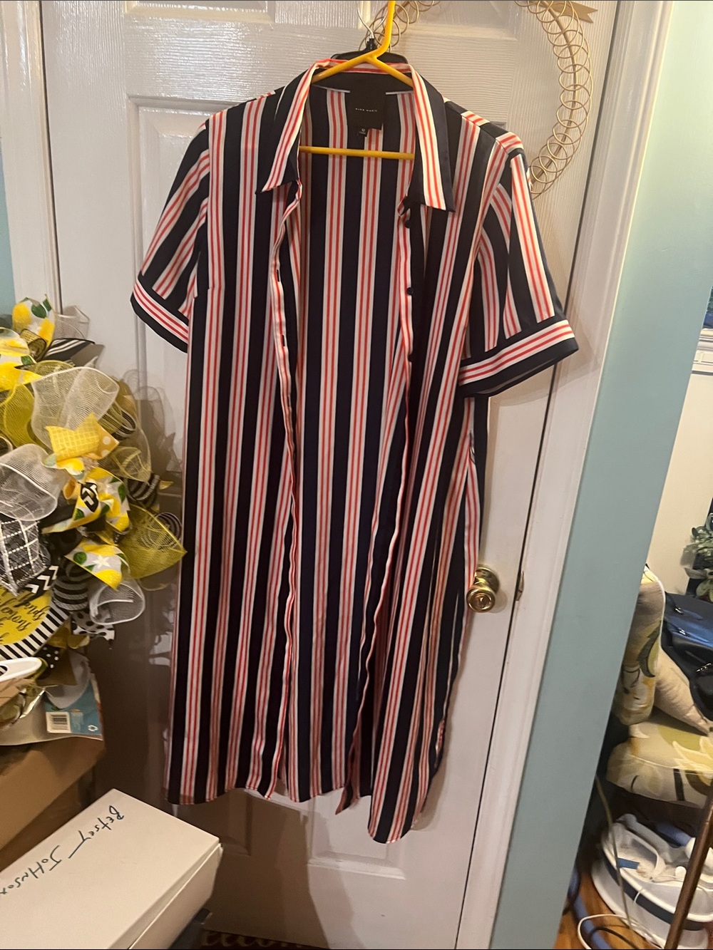 Alex Marie Navy, White & Red Vertical Stripe Shirt Dress, size 12, missing belt